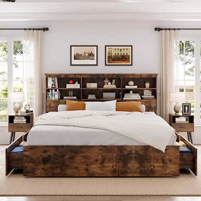 Full Bed Frame with Storage Headboard, Wooden Bed Frame with 4 Drawers, Storage Bookcase & King Size Platform Bed with Strong Metal Support