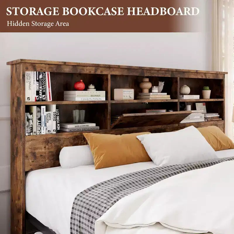 Full Bed Frame with Storage Headboard, Wooden Bed Frame with 4 Drawers, Storage Bookcase & King Size Platform Bed with Strong Metal Support