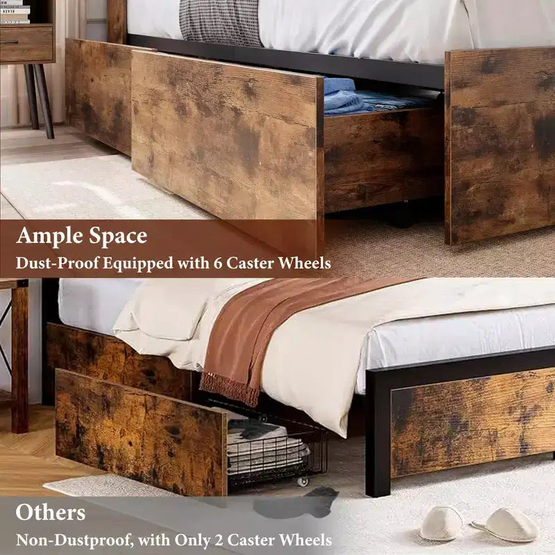 Full Bed Frame with Storage Headboard, Wooden Bed Frame with 4 Drawers, Storage Bookcase & King Size Platform Bed with Strong Metal Support