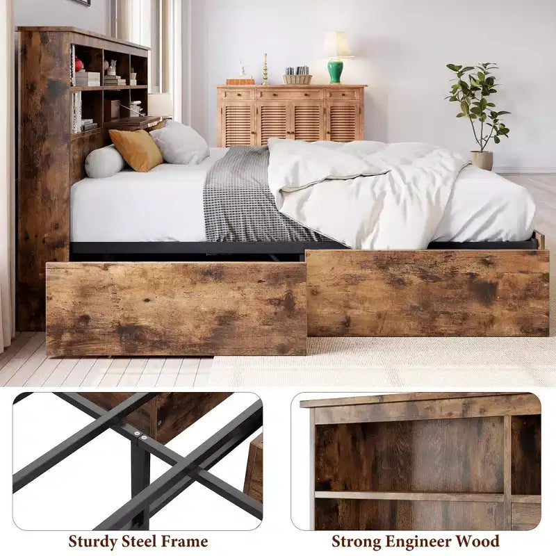 Full Bed Frame with Storage Headboard, Wooden Bed Frame with 4 Drawers, Storage Bookcase & King Size Platform Bed with Strong Metal Support