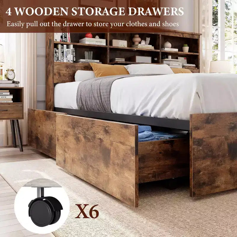 Full Bed Frame with Storage Headboard, Wooden Bed Frame with 4 Drawers, Storage Bookcase & King Size Platform Bed with Strong Metal Support