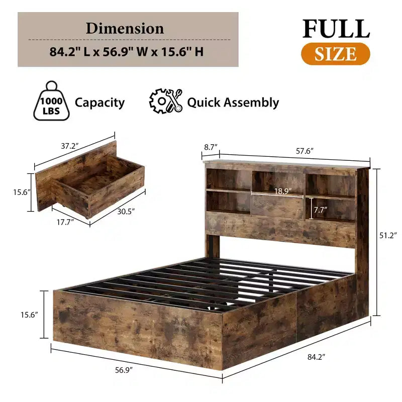 Full Bed Frame with Storage Headboard, Wooden Bed Frame with 4 Drawers, Storage Bookcase & King Size Platform Bed with Strong Metal Support