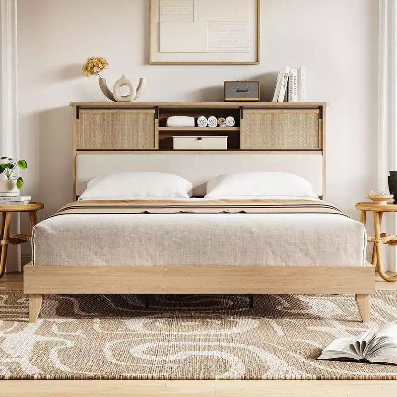Coolmee Full/Queen Rattan Bed Frame with Shelves, Boho Platform Bed with Shelf Headboard Sliding Door, Solid Wood Foundation with Silent Slats