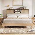 Coolmee Full/Queen Rattan Bed Frame with Shelves, Boho Platform Bed with Shelf Headboard Sliding Door, Solid Wood Foundation with Silent Slats