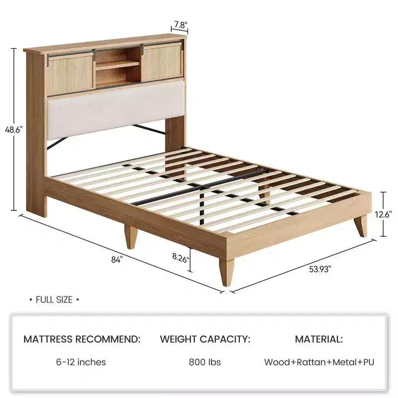 Coolmee Full/Queen Rattan Bed Frame with Shelves, Boho Platform Bed with Shelf Headboard Sliding Door, Solid Wood Foundation with Silent Slats