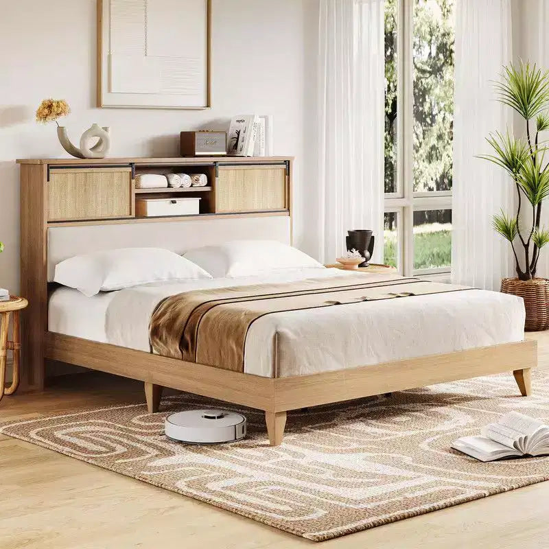 Coolmee Full/Queen Rattan Bed Frame with Shelves, Boho Platform Bed with Shelf Headboard Sliding Door, Solid Wood Foundation with Silent Slats