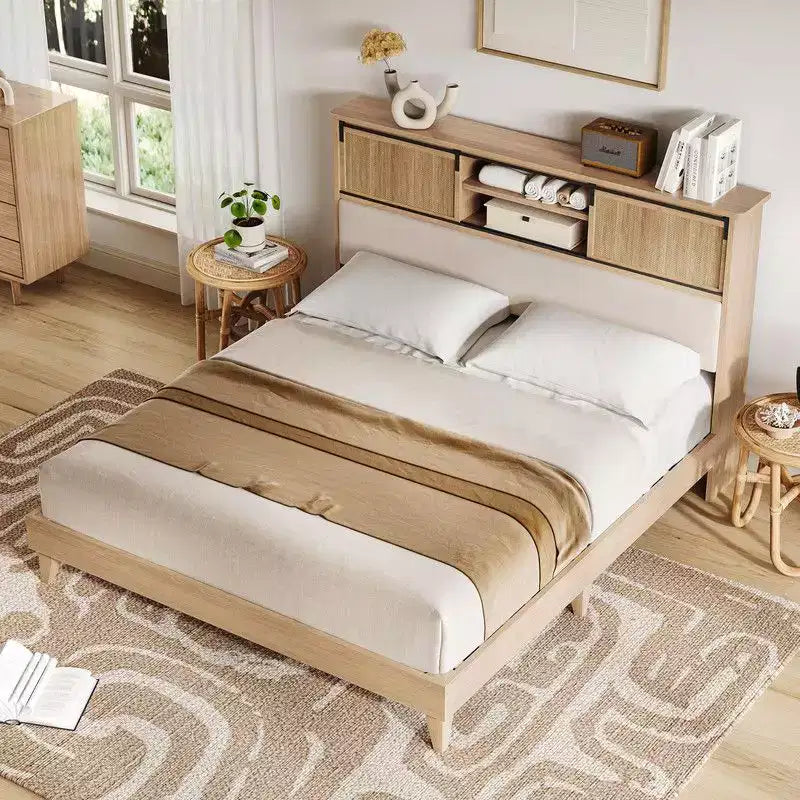 Coolmee Full/Queen Rattan Bed Frame with Shelves, Boho Platform Bed with Shelf Headboard Sliding Door, Solid Wood Foundation with Silent Slats