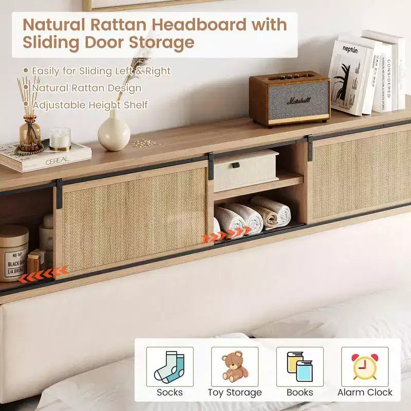 Coolmee Full/Queen Rattan Bed Frame with Shelves, Boho Platform Bed with Shelf Headboard Sliding Door, Solid Wood Foundation with Silent Slats