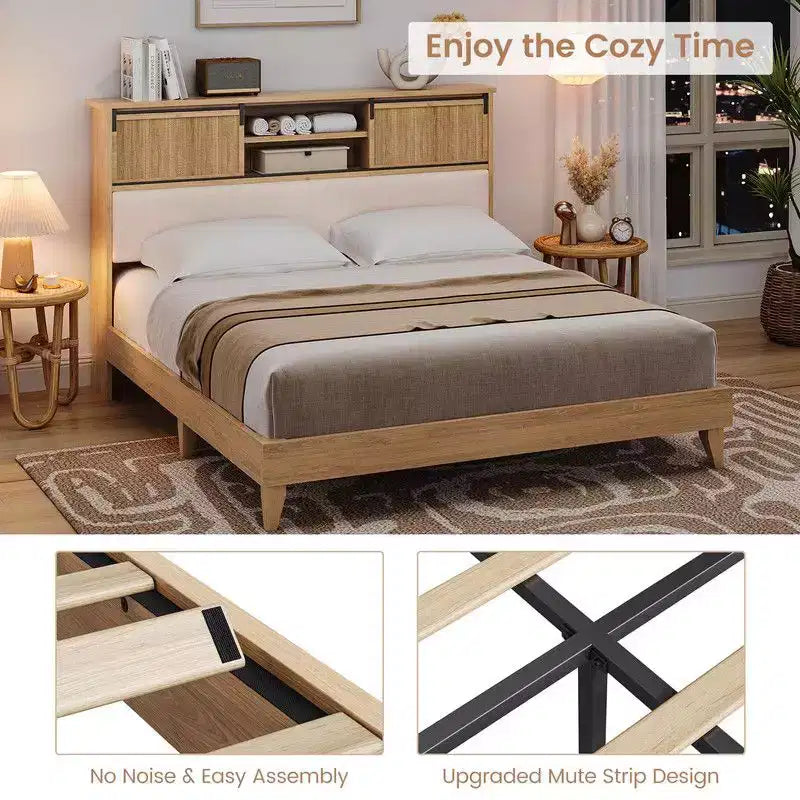 Coolmee Full/Queen Rattan Bed Frame with Shelves, Boho Platform Bed with Shelf Headboard Sliding Door, Solid Wood Foundation with Silent Slats