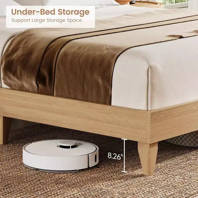 Coolmee Full/Queen Rattan Bed Frame with Shelves, Boho Platform Bed with Shelf Headboard Sliding Door, Solid Wood Foundation with Silent Slats