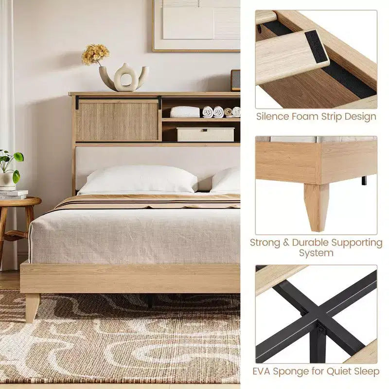 Coolmee Full/Queen Rattan Bed Frame with Shelves, Boho Platform Bed with Shelf Headboard Sliding Door, Solid Wood Foundation with Silent Slats
