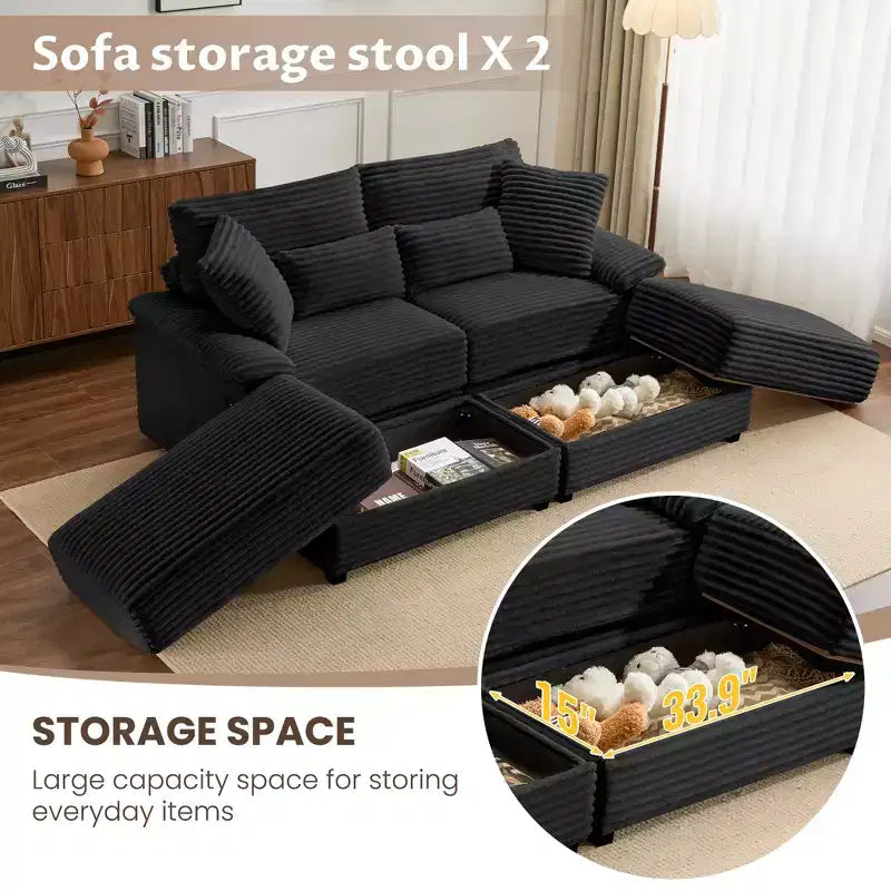 Whisen Double Chaise Lounge Set with Reversible Ottoman and Storage