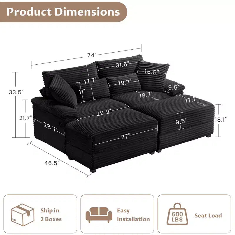 Whisen Double Chaise Lounge Set with Reversible Ottoman and Storage