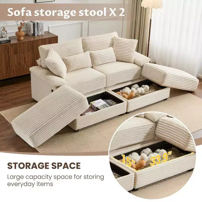 Whisen Double Chaise Lounge Set with Reversible Ottoman and Storage