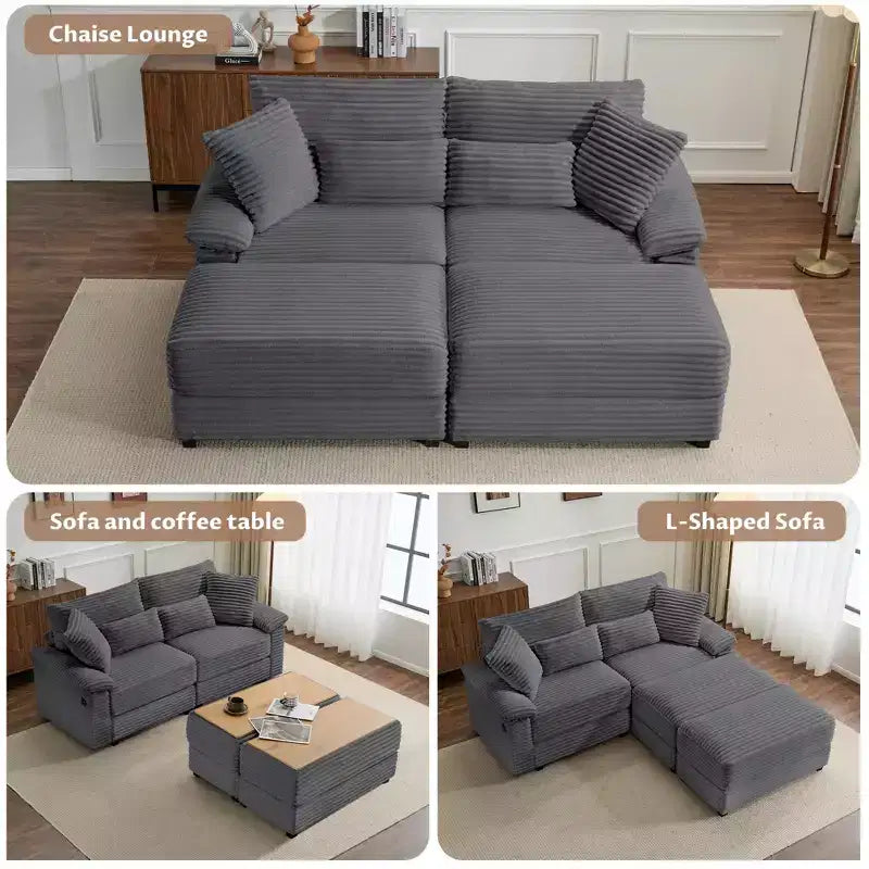 Whisen Double Chaise Lounge Set with Reversible Ottoman and Storage