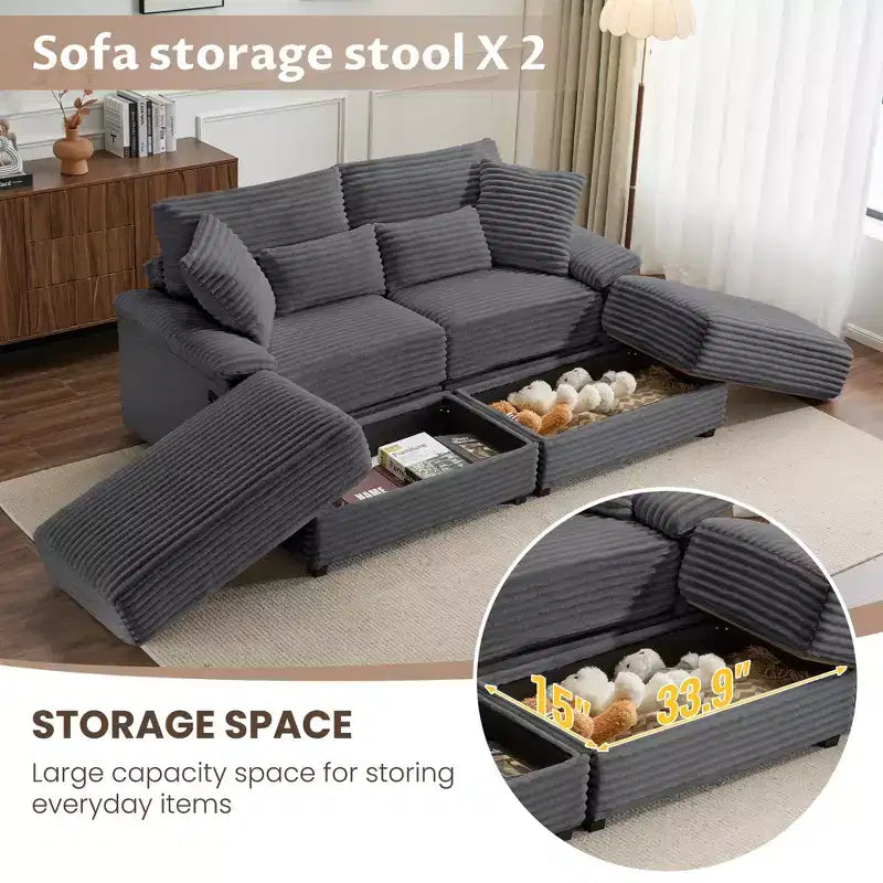 Whisen Double Chaise Lounge Set with Reversible Ottoman and Storage