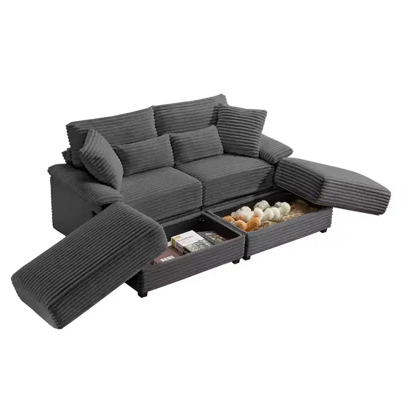 Whisen Double Chaise Lounge Set with Reversible Ottoman and Storage