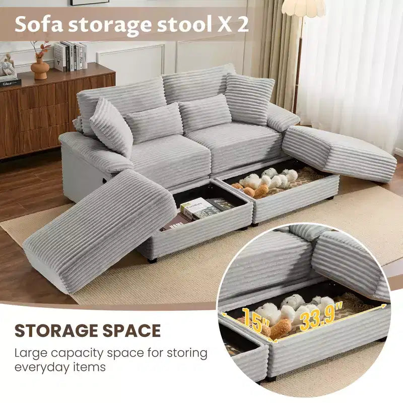 Whisen Double Chaise Lounge Set with Reversible Ottoman and Storage