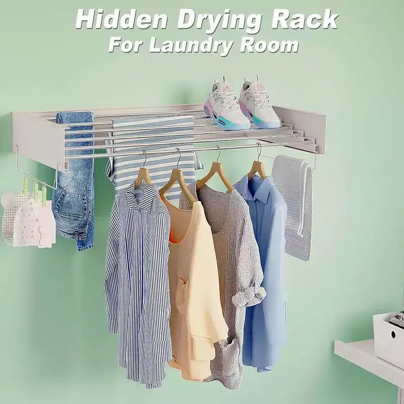 Indoor Wall Mounted Folding Clothes Drying Rack, Foldable Laundry Drying Rack, Collapsible Invisible Space Saving Retractable Towel, White