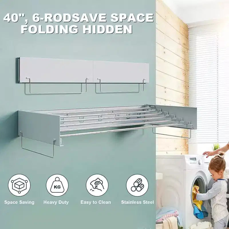 Indoor Wall Mounted Folding Clothes Drying Rack, Foldable Laundry Drying Rack, Collapsible Invisible Space Saving Retractable Towel, White