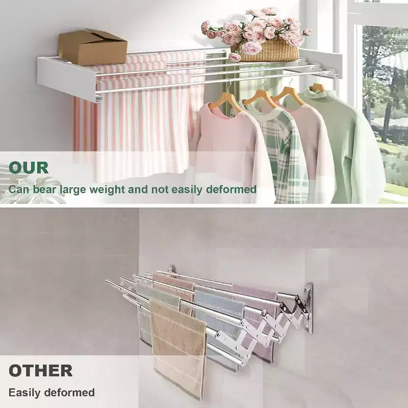 Indoor Wall Mounted Folding Clothes Drying Rack, Foldable Laundry Drying Rack, Collapsible Invisible Space Saving Retractable Towel, White