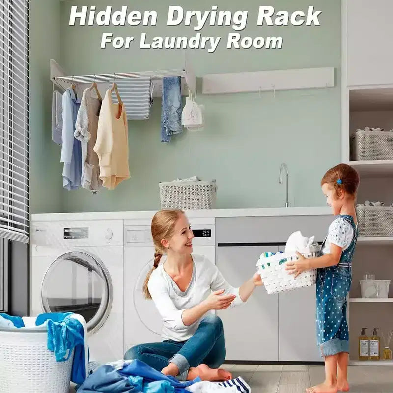 Indoor Wall Mounted Folding Clothes Drying Rack, Foldable Laundry Drying Rack, Collapsible Invisible Space Saving Retractable Towel, White