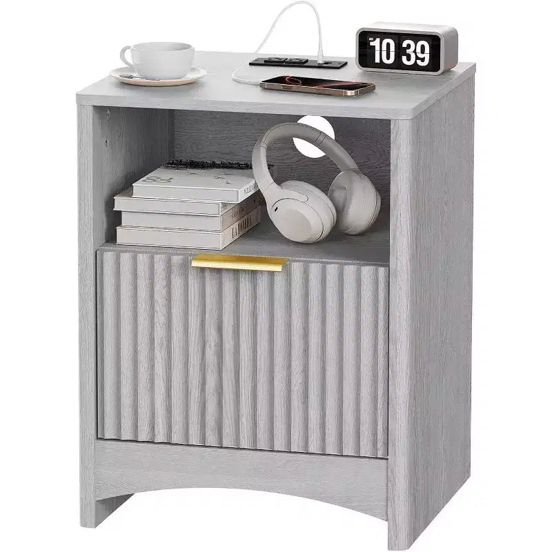 Marsail Fluted Nightstand with Charging Station, Adjustable Bedside Table with USB and AC Ports, 1 Drawer End Table, Wood Grain Finish, Bedroom, Gray
