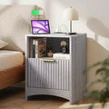 Marsail Fluted Nightstand with Charging Station, Adjustable Bedside Table with USB and AC Ports, 1 Drawer End Table, Wood Grain Finish, Bedroom, Gray