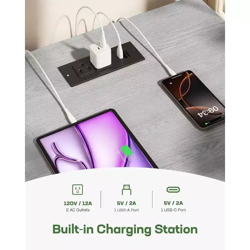 Marsail Fluted Nightstand with Charging Station, Adjustable Bedside Table with USB and AC Ports, 1 Drawer End Table, Wood Grain Finish, Bedroom, Gray