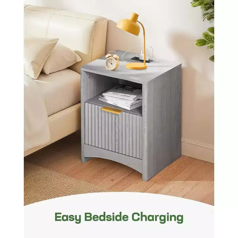 Marsail Fluted Nightstand with Charging Station, Adjustable Bedside Table with USB and AC Ports, 1 Drawer End Table, Wood Grain Finish, Bedroom, Gray