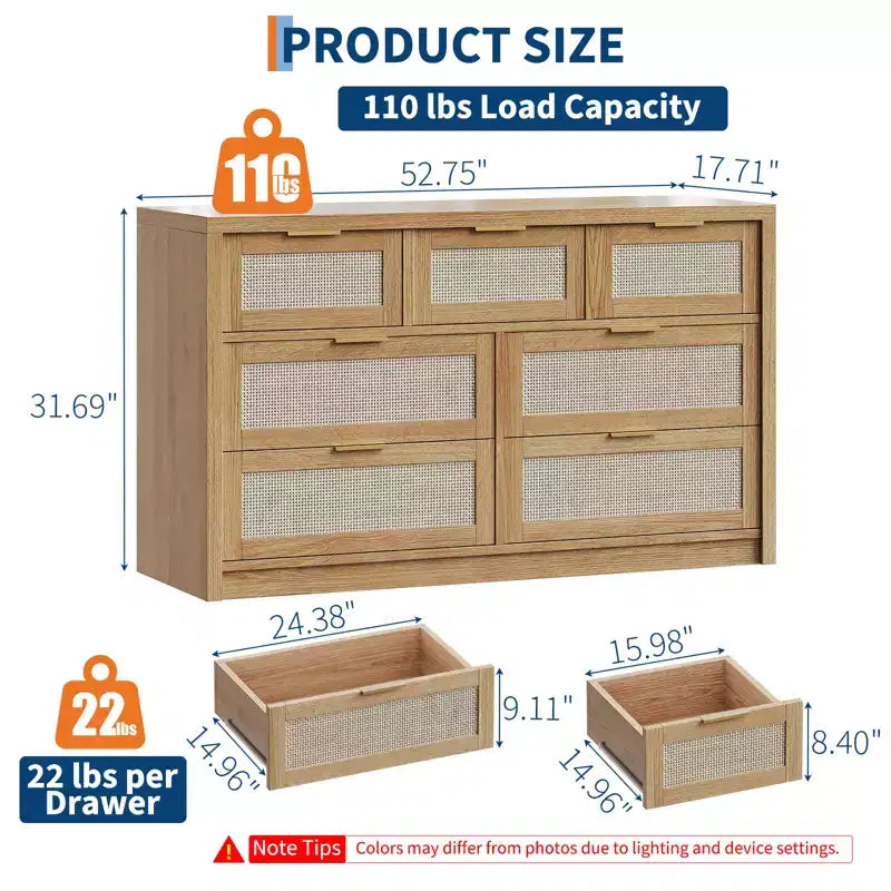 53 Rattan Dresser for Bedroom,7 Drawer Boho Chest of Drawers,Large Storage Cabinet for Clothes,Wood Accent Furniture with Metal Handles