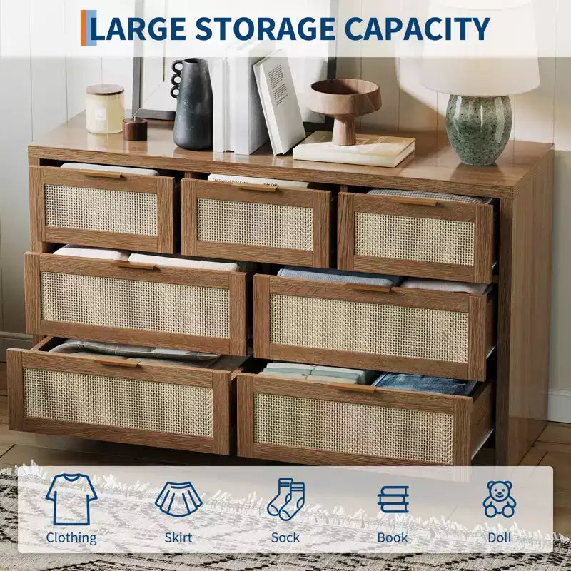 53 Rattan Dresser for Bedroom,7 Drawer Boho Chest of Drawers,Large Storage Cabinet for Clothes,Wood Accent Furniture with Metal Handles