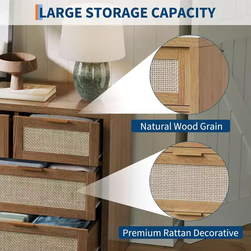 53 Rattan Dresser for Bedroom,7 Drawer Boho Chest of Drawers,Large Storage Cabinet for Clothes,Wood Accent Furniture with Metal Handles