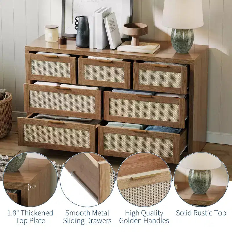 53 Rattan Dresser for Bedroom,7 Drawer Boho Chest of Drawers,Large Storage Cabinet for Clothes,Wood Accent Furniture with Metal Handles