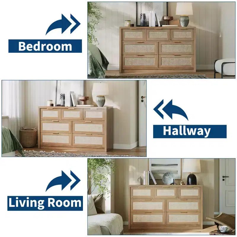 53 Rattan Dresser for Bedroom,7 Drawer Boho Chest of Drawers,Large Storage Cabinet for Clothes,Wood Accent Furniture with Metal Handles