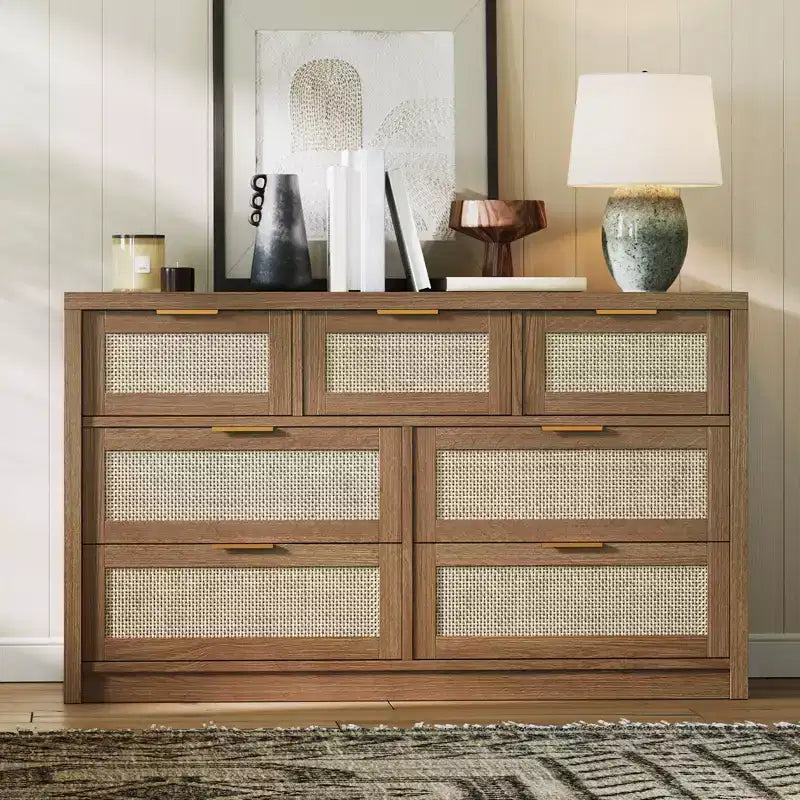 53 Rattan Dresser for Bedroom,7 Drawer Boho Chest of Drawers,Large Storage Cabinet for Clothes,Wood Accent Furniture with Metal Handles