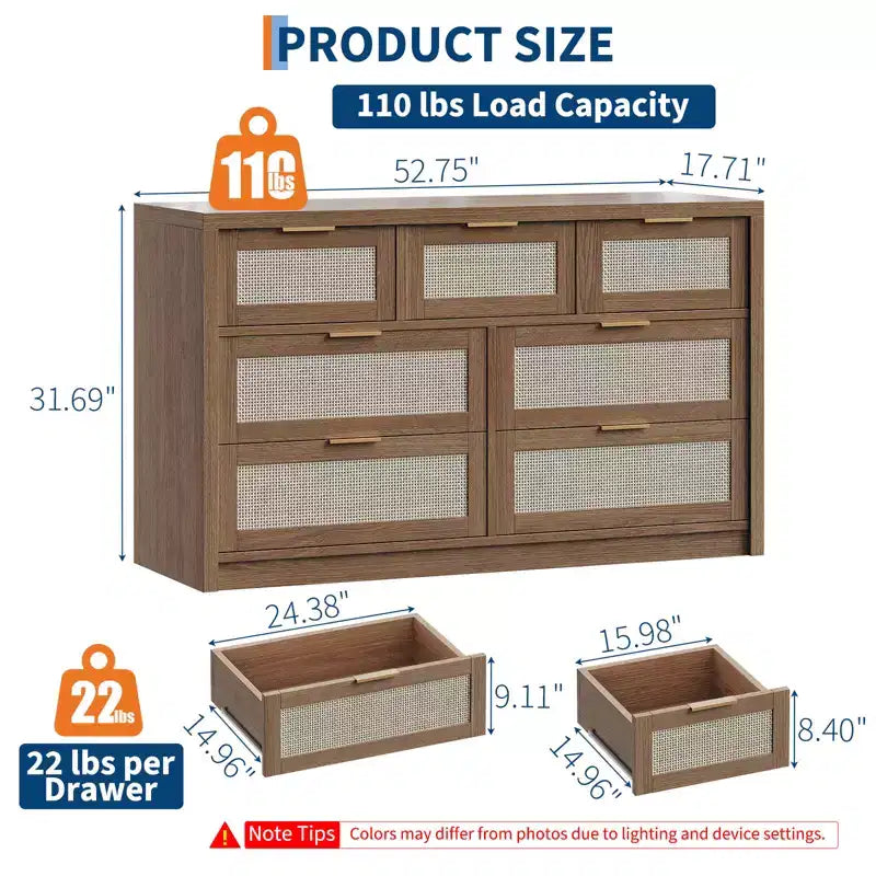 53 Rattan Dresser for Bedroom,7 Drawer Boho Chest of Drawers,Large Storage Cabinet for Clothes,Wood Accent Furniture with Metal Handles
