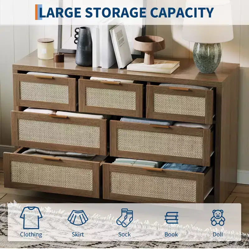 53 Rattan Dresser for Bedroom,7 Drawer Boho Chest of Drawers,Large Storage Cabinet for Clothes,Wood Accent Furniture with Metal Handles