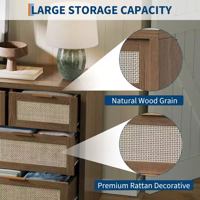 53 Rattan Dresser for Bedroom,7 Drawer Boho Chest of Drawers,Large Storage Cabinet for Clothes,Wood Accent Furniture with Metal Handles