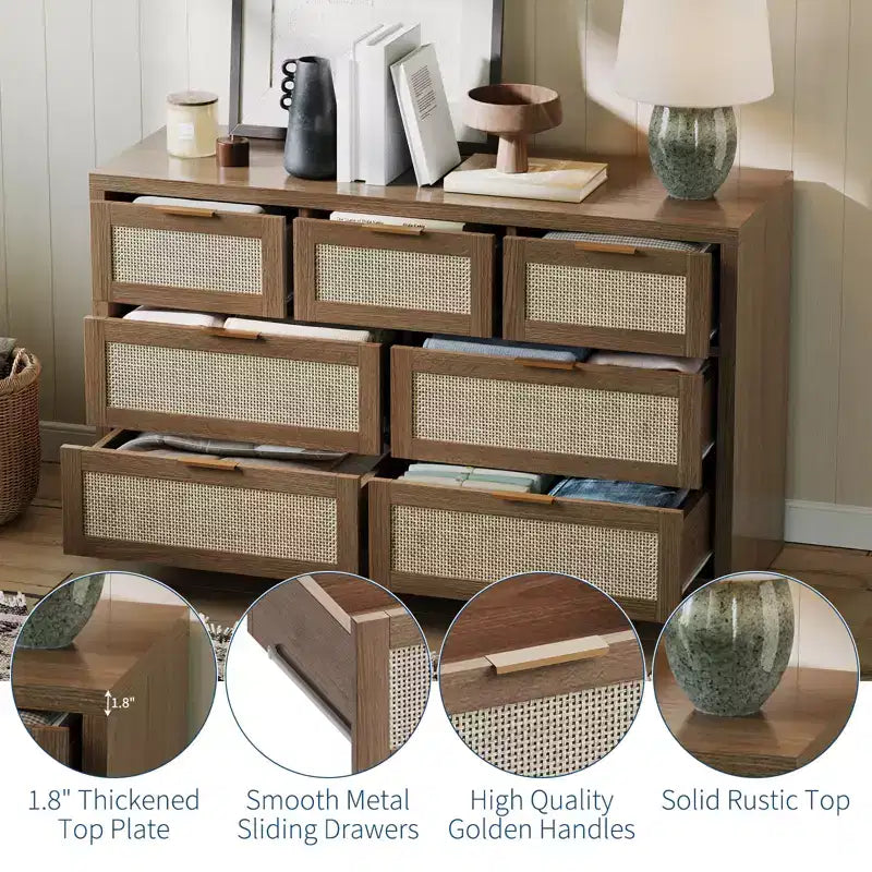 53 Rattan Dresser for Bedroom,7 Drawer Boho Chest of Drawers,Large Storage Cabinet for Clothes,Wood Accent Furniture with Metal Handles