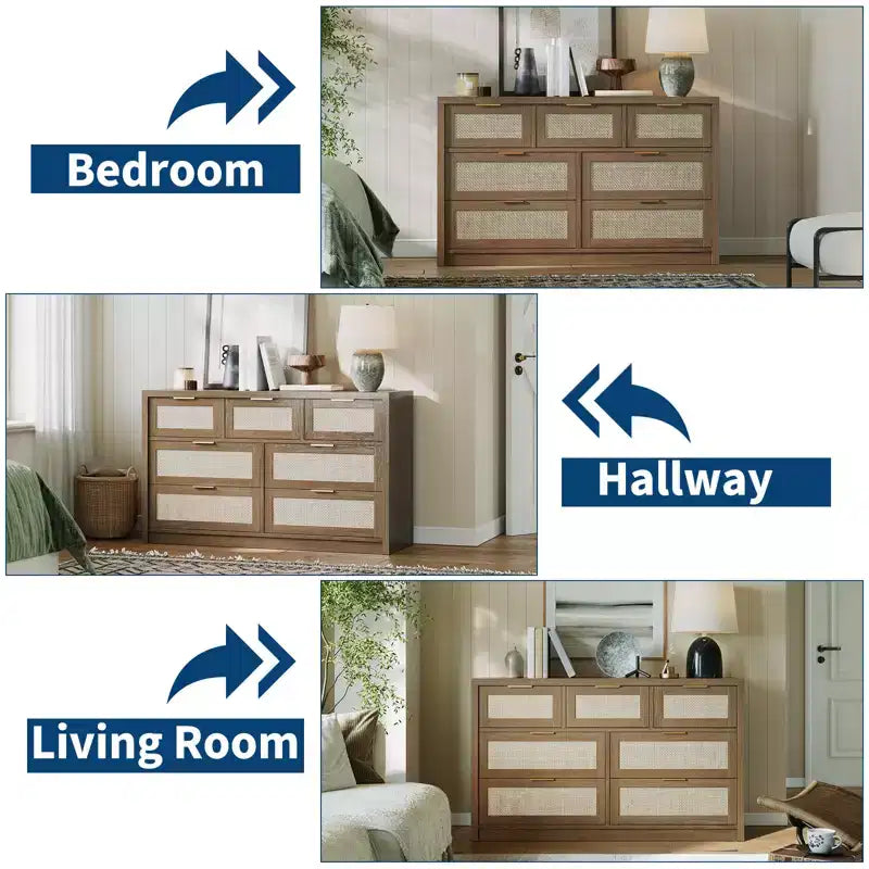 53 Rattan Dresser for Bedroom,7 Drawer Boho Chest of Drawers,Large Storage Cabinet for Clothes,Wood Accent Furniture with Metal Handles