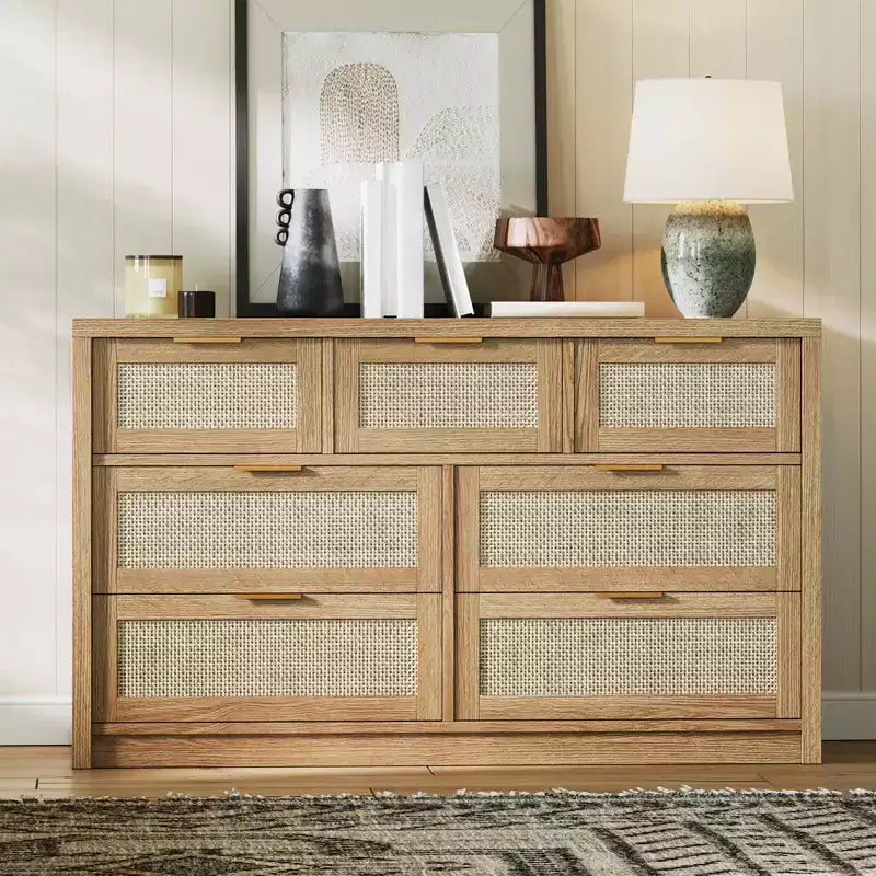53 Rattan Dresser for Bedroom,7 Drawer Boho Chest of Drawers,Large Storage Cabinet for Clothes,Wood Accent Furniture with Metal Handles