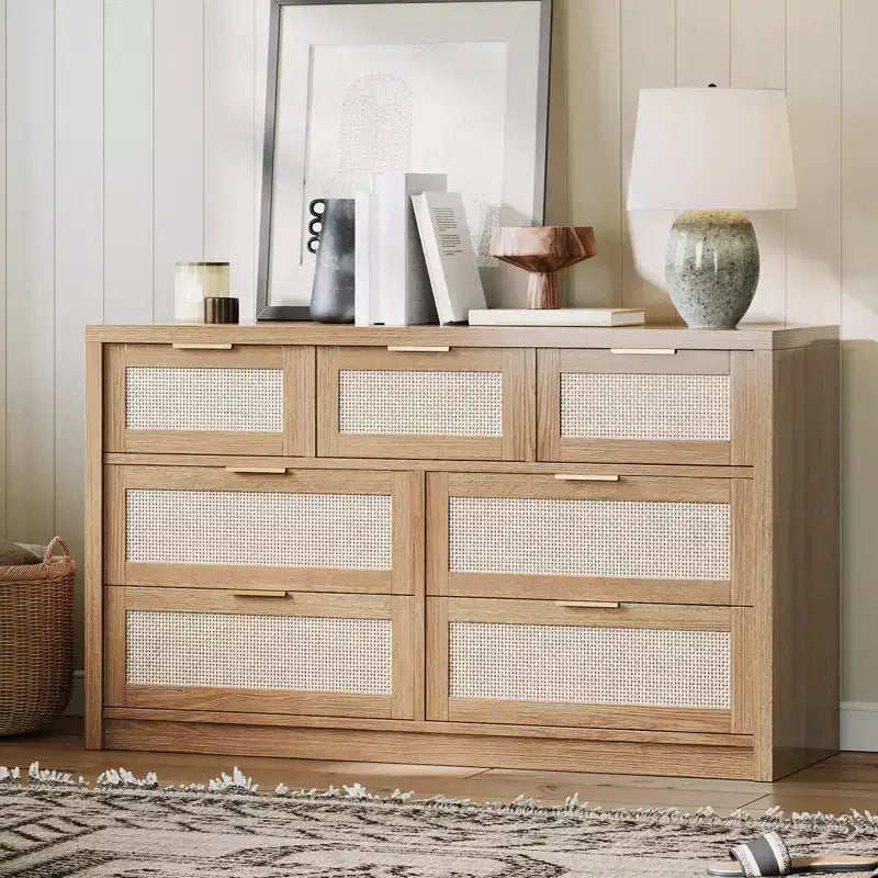 53 Rattan Dresser for Bedroom,7 Drawer Boho Chest of Drawers,Large Storage Cabinet for Clothes,Wood Accent Furniture with Metal Handles
