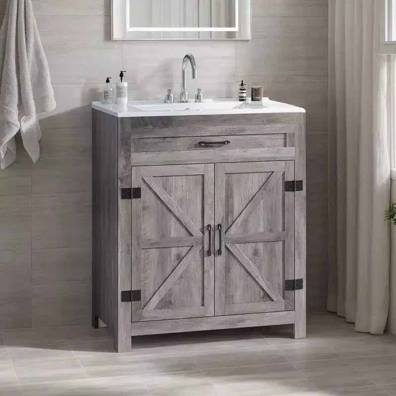 Karl Home 30in Bathroom Vanity Barn Door Walnut U-Shelf Without Top Sink