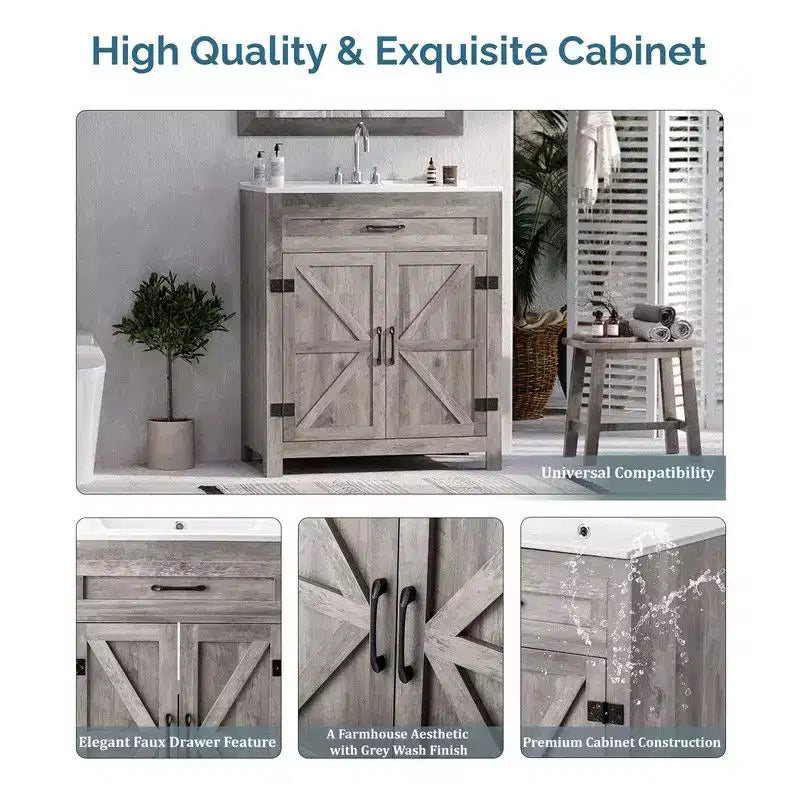 Karl Home 30in Bathroom Vanity Barn Door Walnut U-Shelf Without Top Sink