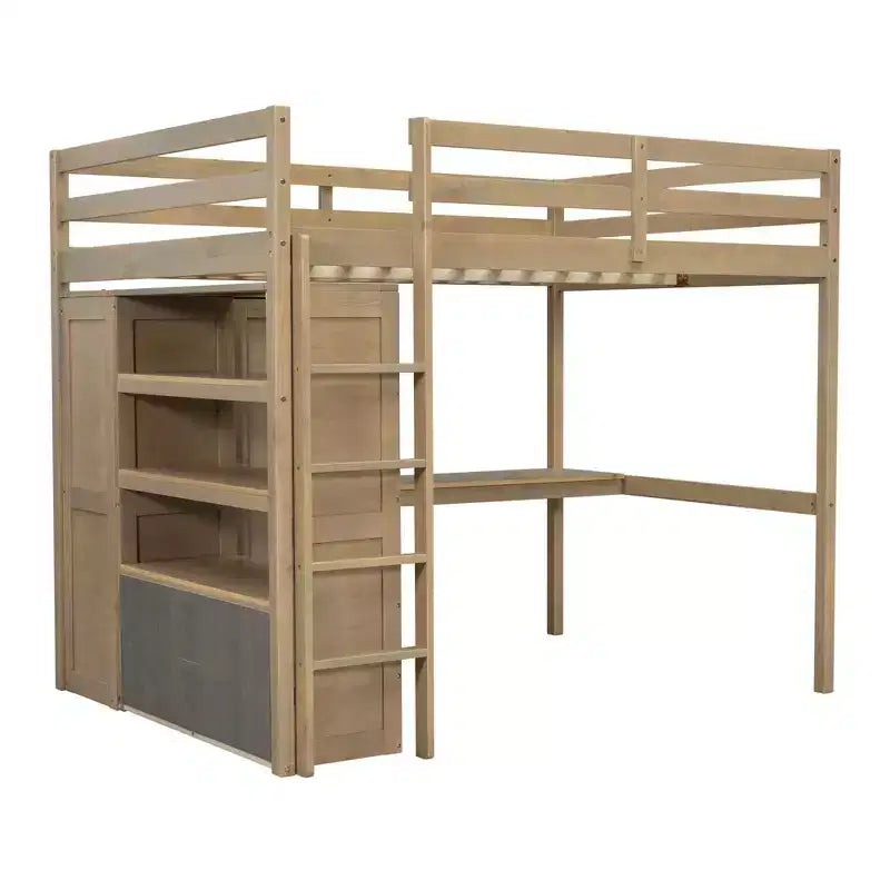 Full Size Loft Bed with Wardrobe and Desk, Wood Full High Loft Bed with Storage Drawers and Shelves for Adults Kids Teens
