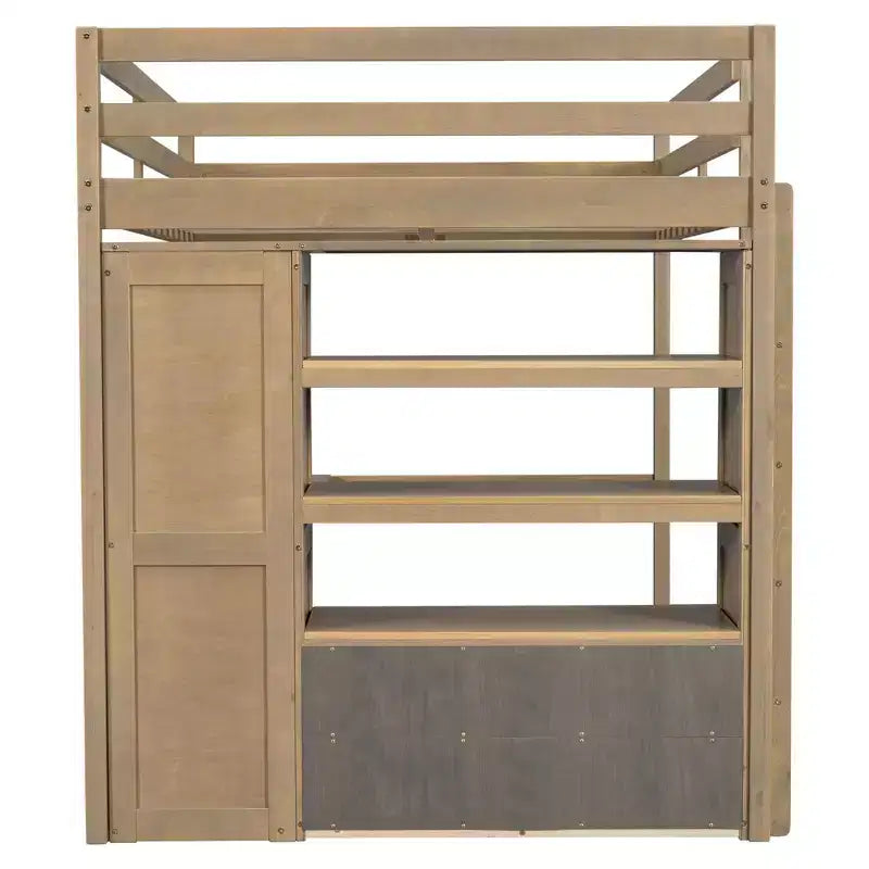 Full Size Loft Bed with Wardrobe and Desk, Wood Full High Loft Bed with Storage Drawers and Shelves for Adults Kids Teens