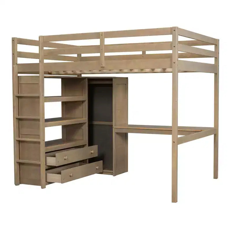 Full Size Loft Bed with Wardrobe and Desk, Wood Full High Loft Bed with Storage Drawers and Shelves for Adults Kids Teens