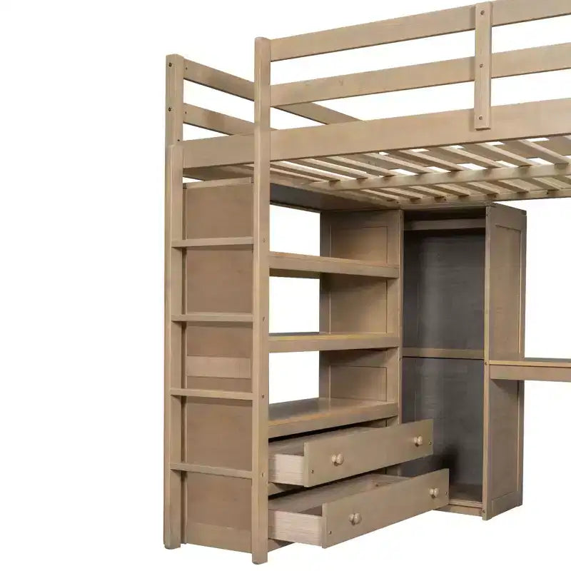 Full Size Loft Bed with Wardrobe and Desk, Wood Full High Loft Bed with Storage Drawers and Shelves for Adults Kids Teens