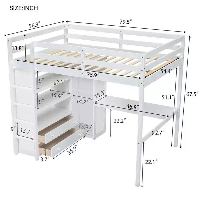 Full Size Loft Bed with Wardrobe and Desk, Wood Full High Loft Bed with Storage Drawers and Shelves for Adults Kids Teens